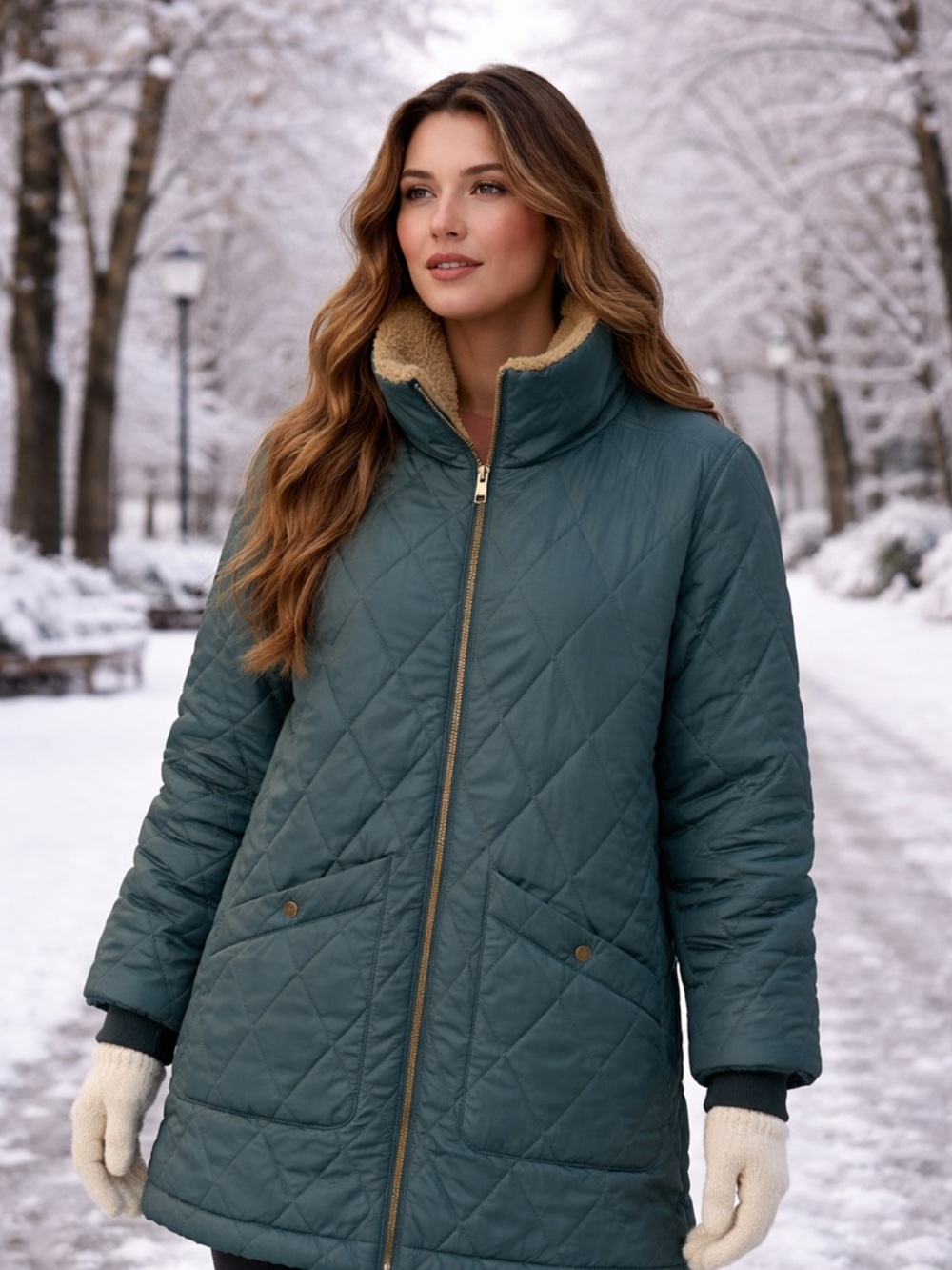 Weatherproof Quilted Puffer Jacket in Deep Teal with Tan Sherpa Collar Size S